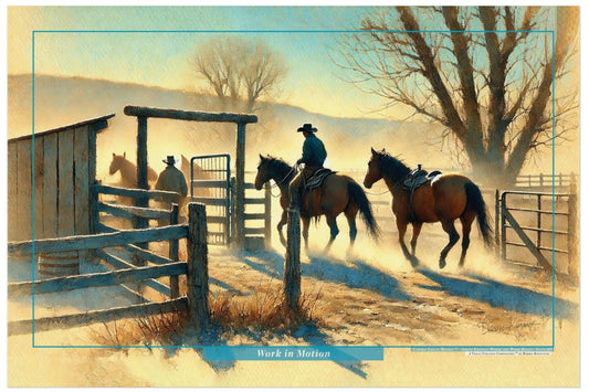 Painting of cowboys on horseback near a wooden gate with a scenic background.