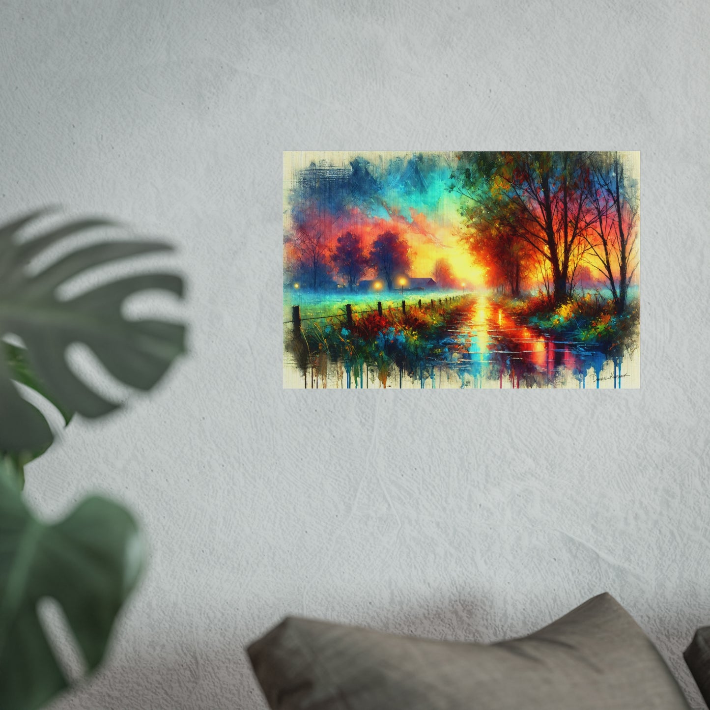 Colorful abstract landscape painting on a wall with a plant and pillow in the foreground.