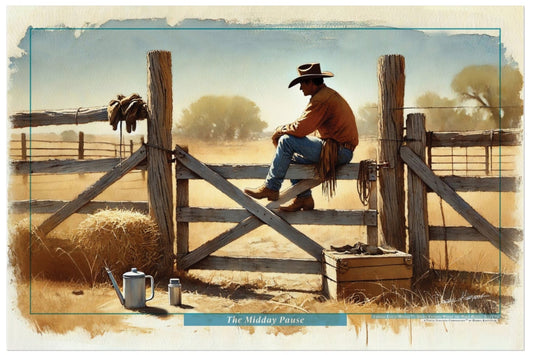 Cowboy sitting on a fence gate with a scenic background