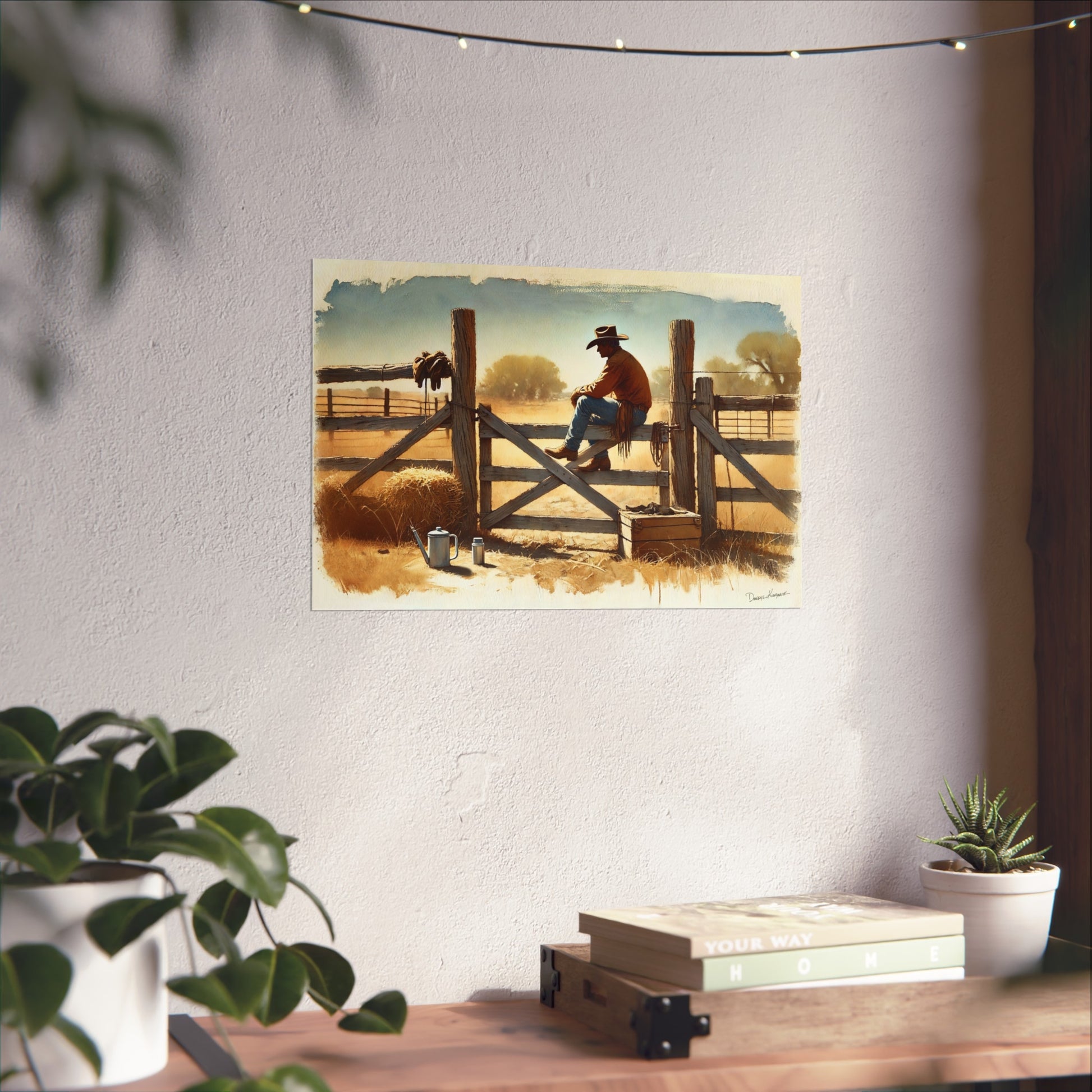 Poster of a cowboy on a fence in a rustic setting, hanging on a wall with decorative elements.