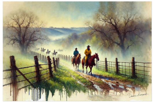 Painting of cowboys on horses near a fence with a scenic landscape.