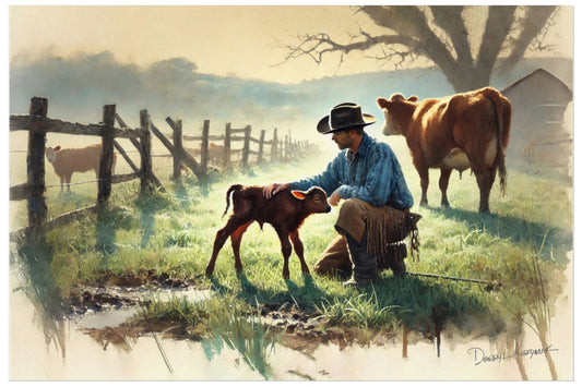 Painting of a cowboy with a cow and calf in a pastoral setting