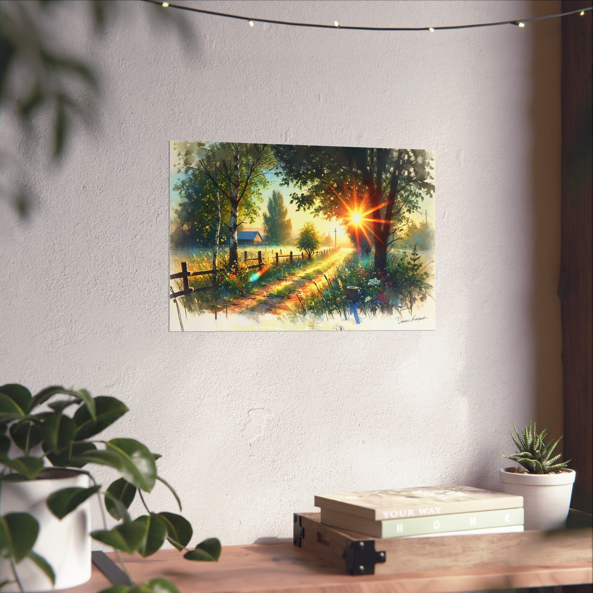 Painting of a sunset over a forest path on a wall above a wooden desk with plants.