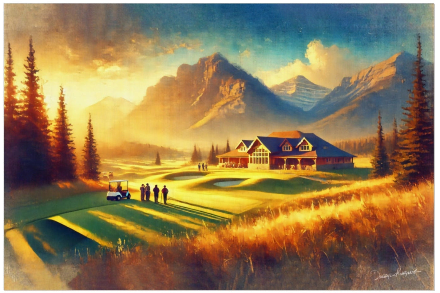 Fine art print of a lodge in a mountainous landscape with trees and a clear sky.