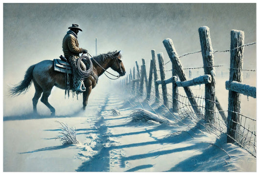 Cowboy on horseback walking along a fence line in a misty landscape