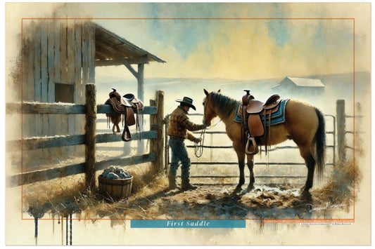 Painting of a cowboy with a horse near a wooden structure