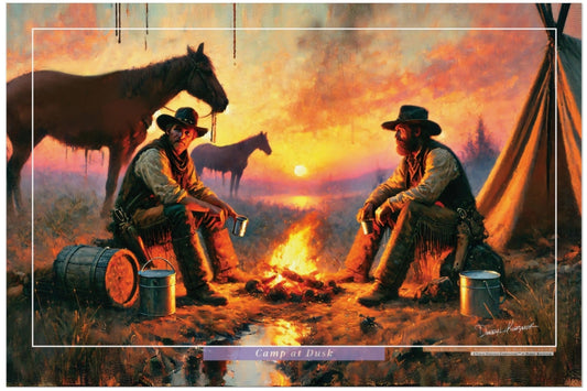 Two cowboys by a campfire with horses and a tent at sunset.