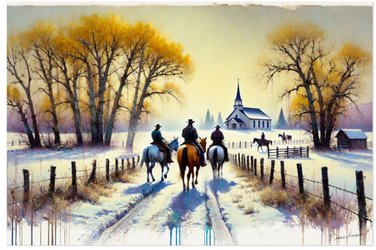 Painting of cowboys riding horses on a snowy path with trees and a church in the background.