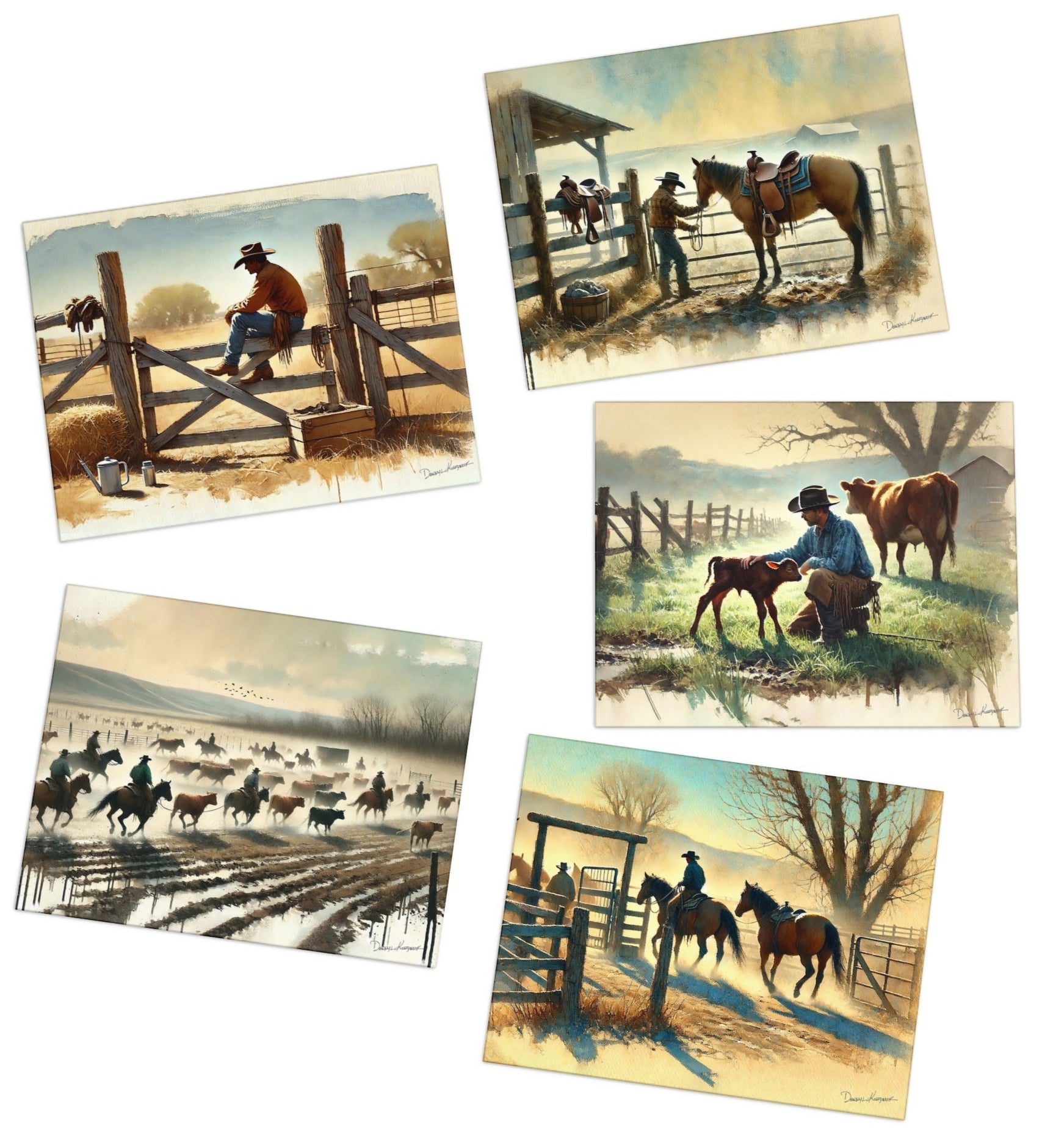 A set of five greeting cards featuring artwork related to cowboy life, including scenes with horses and a person in a cowboy hat.
