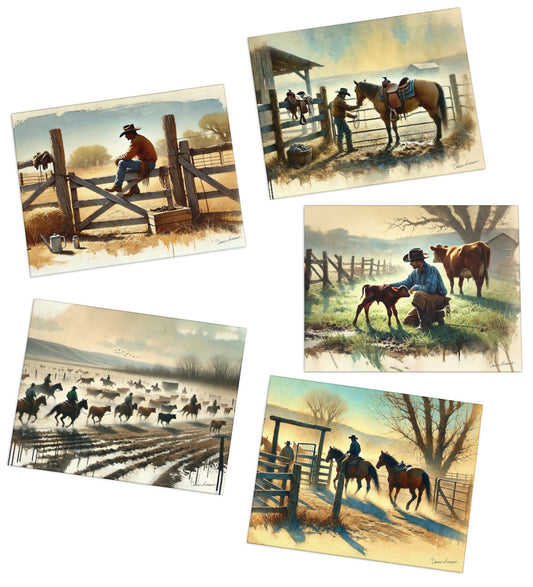 A set of five greeting cards featuring artwork related to cowboy life, including scenes with horses and a person in a cowboy hat.
