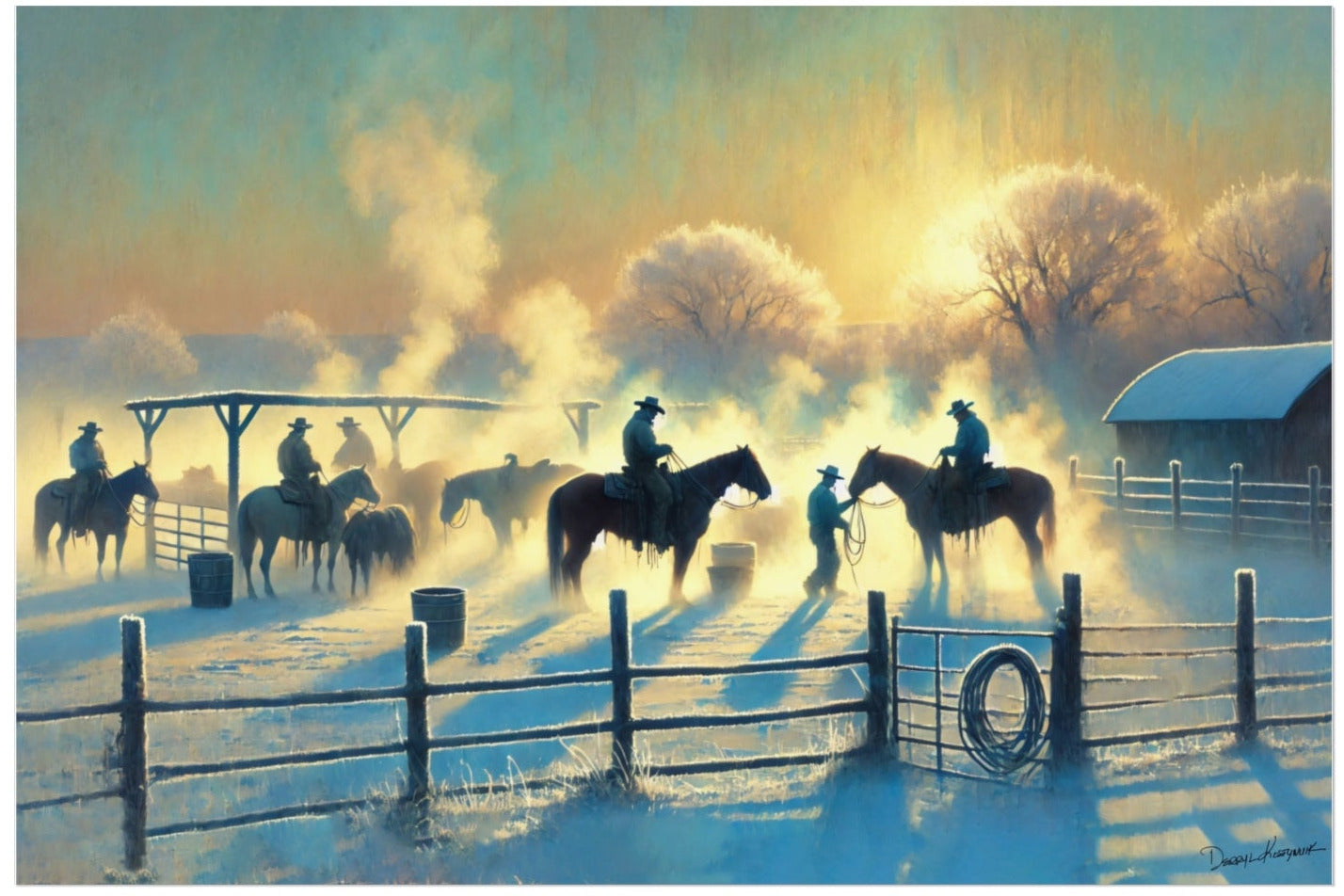 Painting of cowboys on horses at a ranch gate with a warm glow