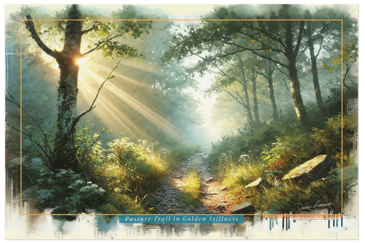 Forest scene with sunlight filtering through trees, path leading into distance.