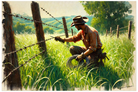 Cowboy working on a barbed wire fence in a rural setting