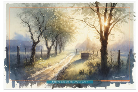 Surreal landscape with trees and a path, featuring a sun-like object.