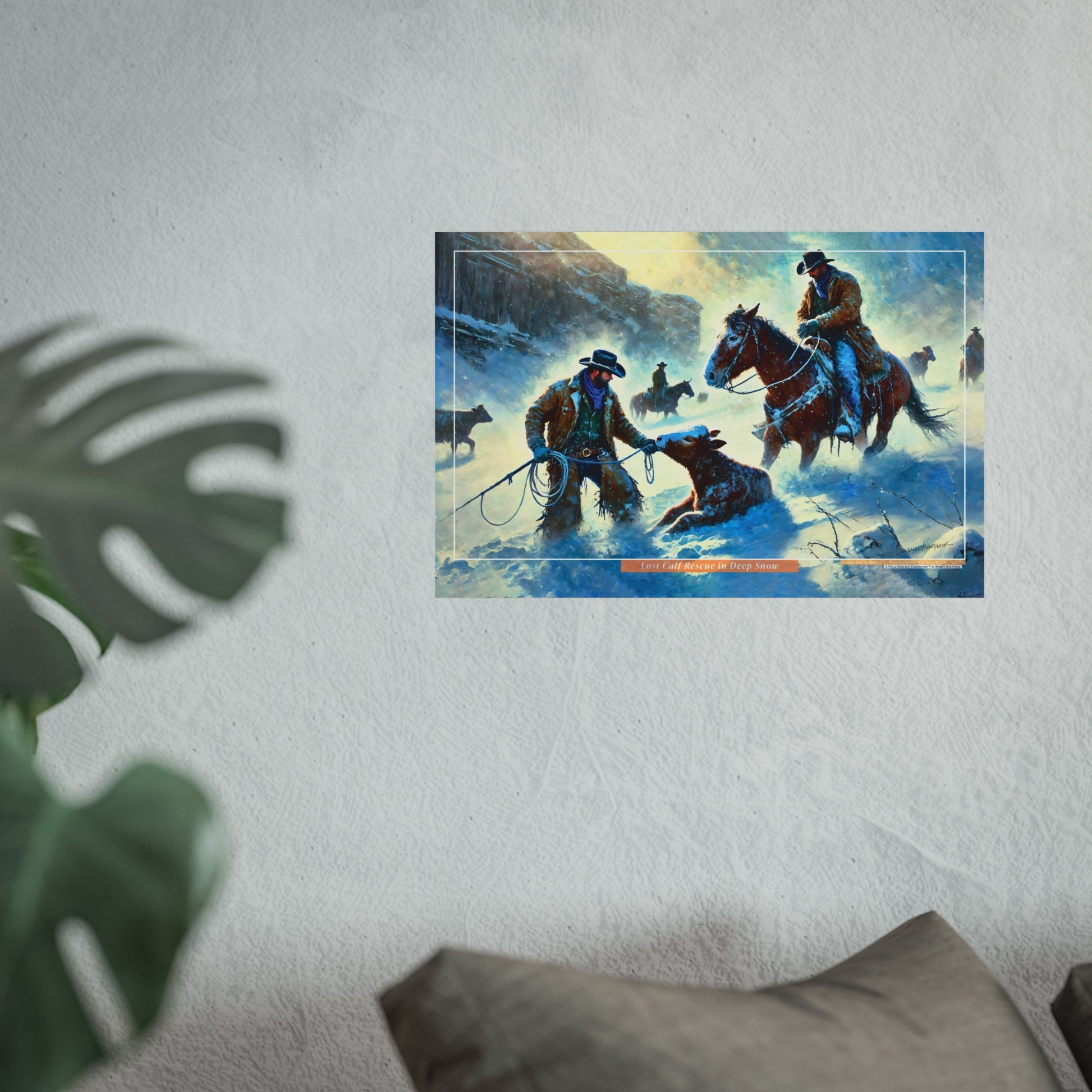 Poster of cowboys in a snowy landscape on a white wall.