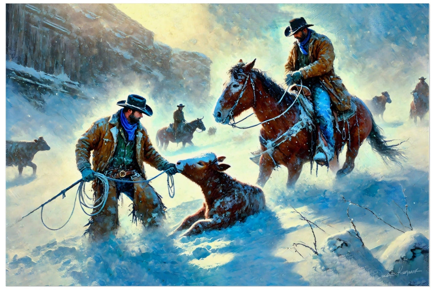 Painting of cowboys in a snowy landscape with horses.
