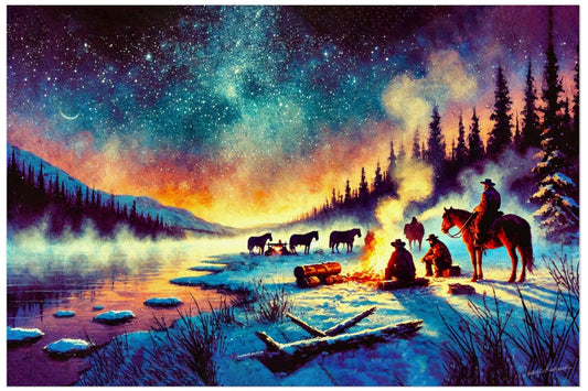 Scenic painting of a campfire by a lake with cowboys and horses under a starry sky.