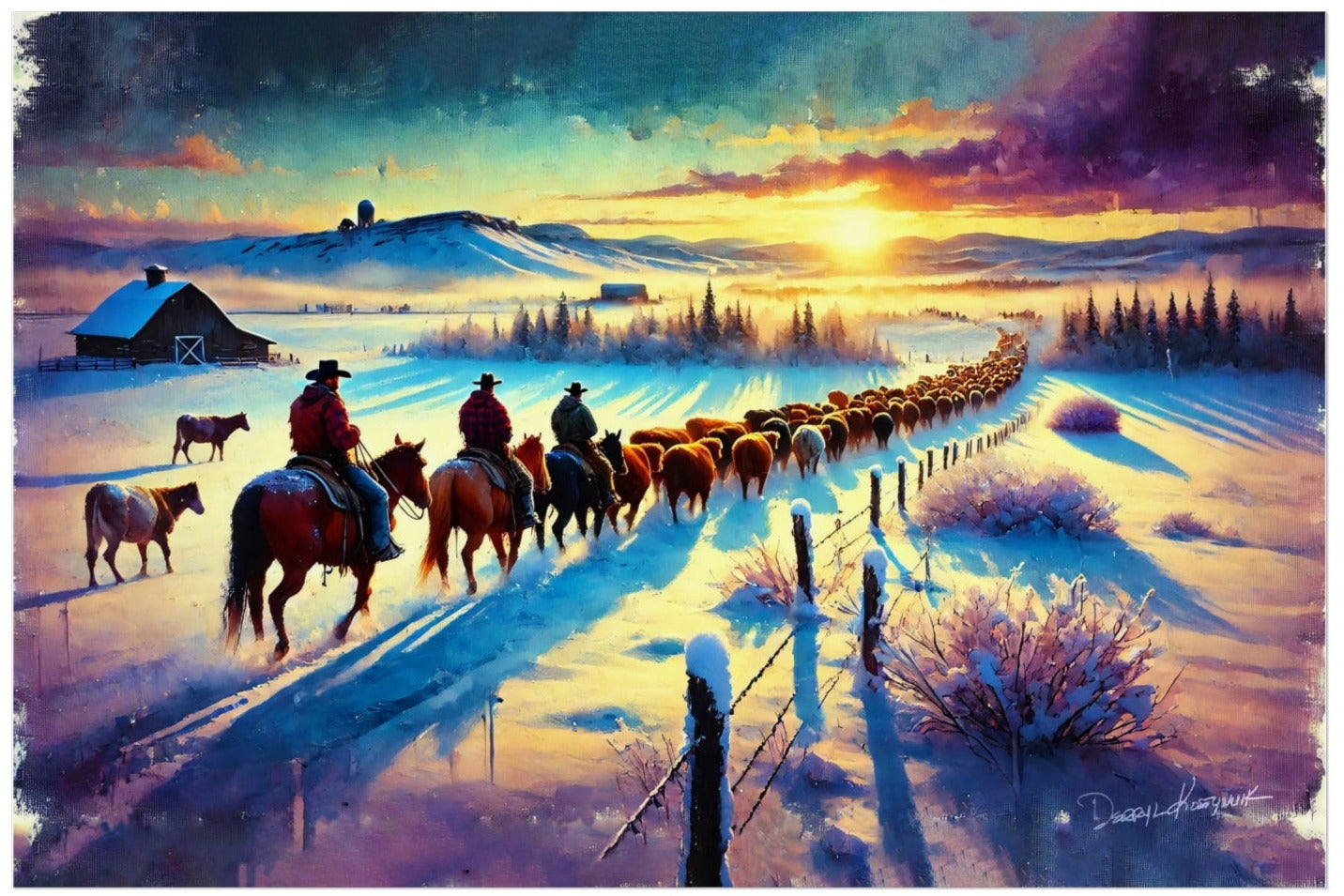 Painting of a group of cowboys on horseback walking through a snowy landscape with a sunset.