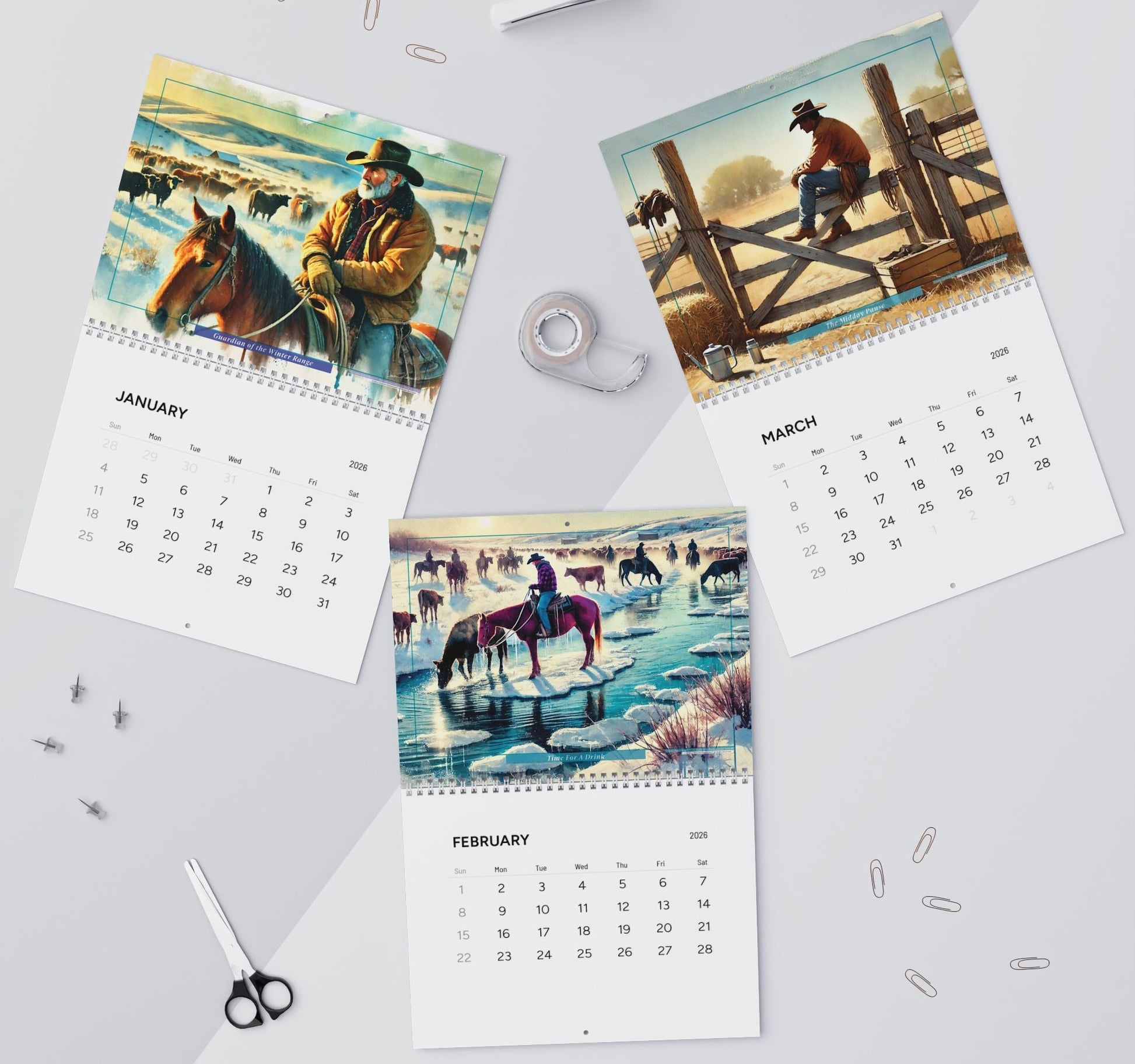 Calendar with cowboy-themed images on a light gray surface with office supplies.