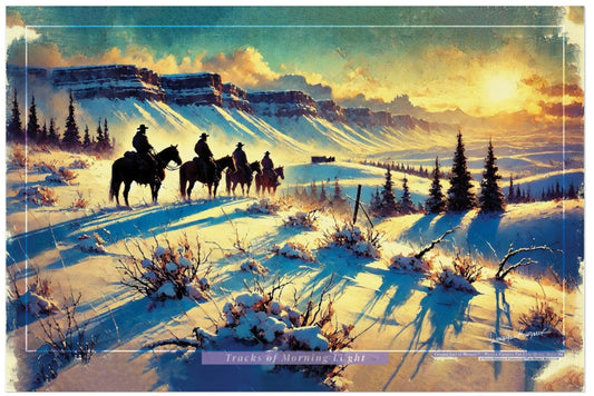 Painting of a snowy landscape with cowboys on horseback and a mountainous background.
