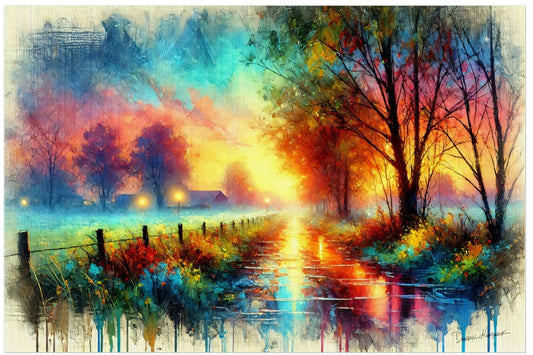 Colorful landscape painting of a sunset over a forest with a path.