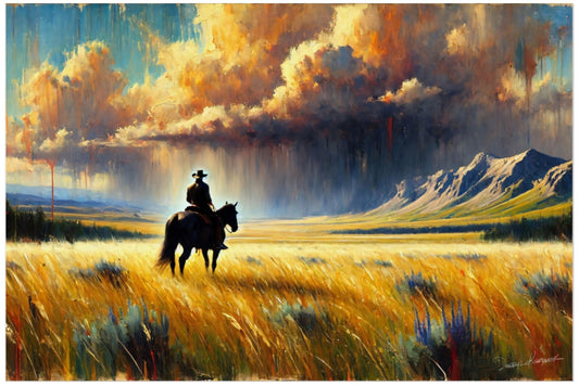 Painting of a cowboy on horseback in a field with dramatic clouds and mountains.