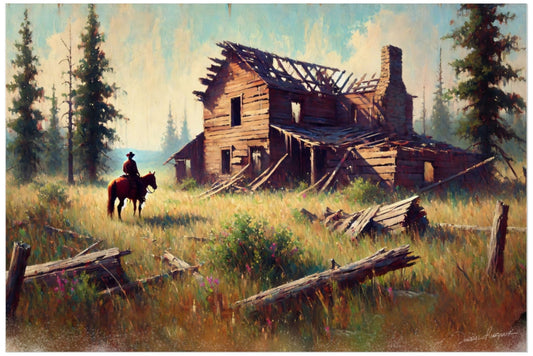 Painting of a cowboy on horseback near an old cabin in a forested area