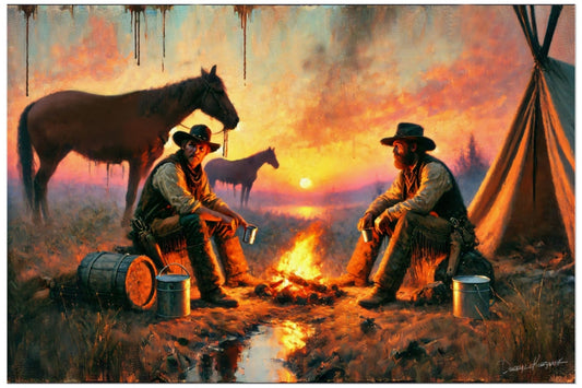 Two cowboys sitting by a campfire with a horse and tent in the background during sunset.