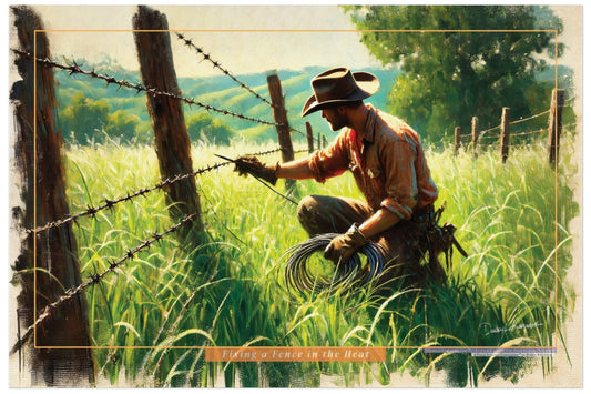 Cowboy fixing a barbed wire fence in a scenic landscape