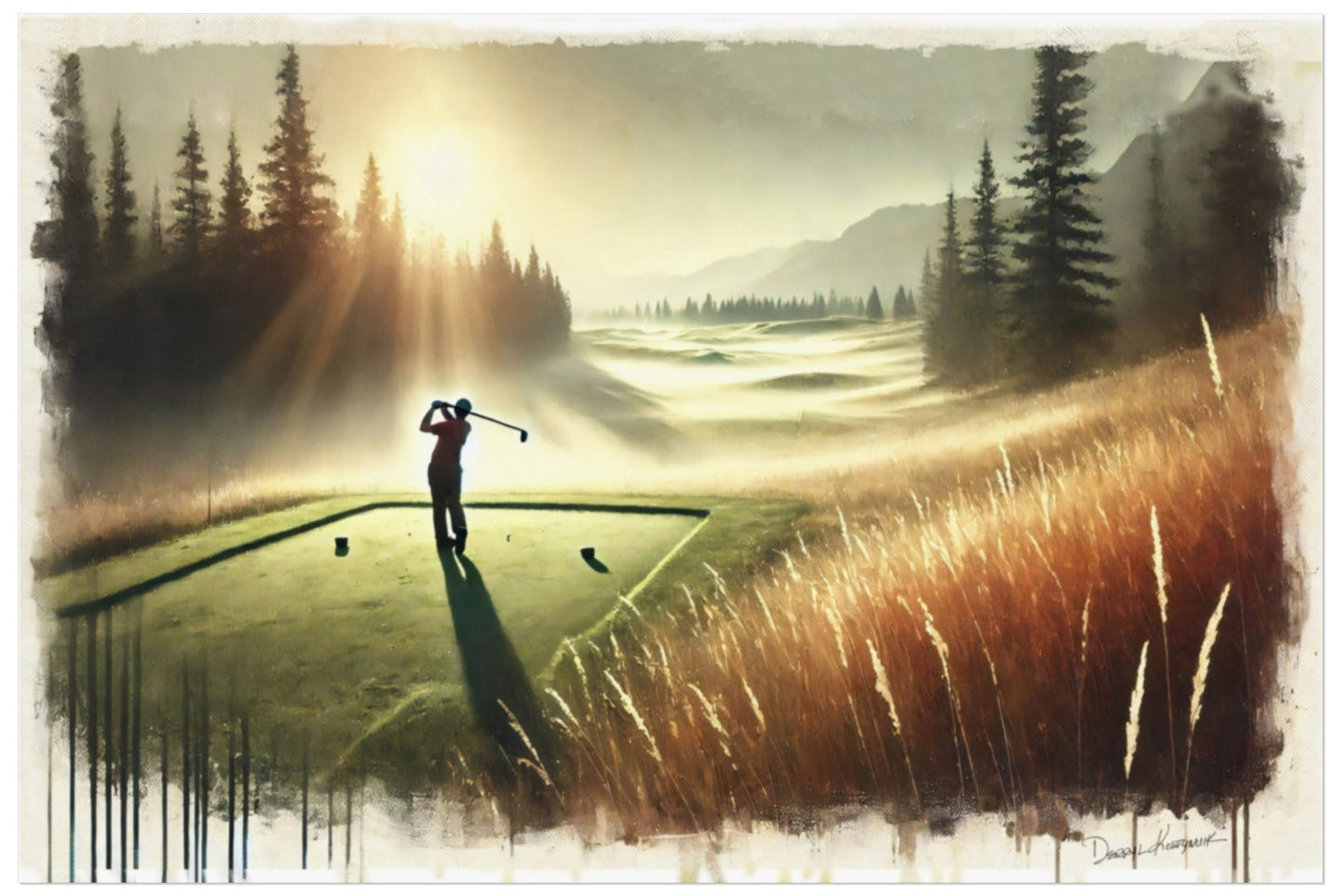 Golf player on a golf course with trees and mountains in the background