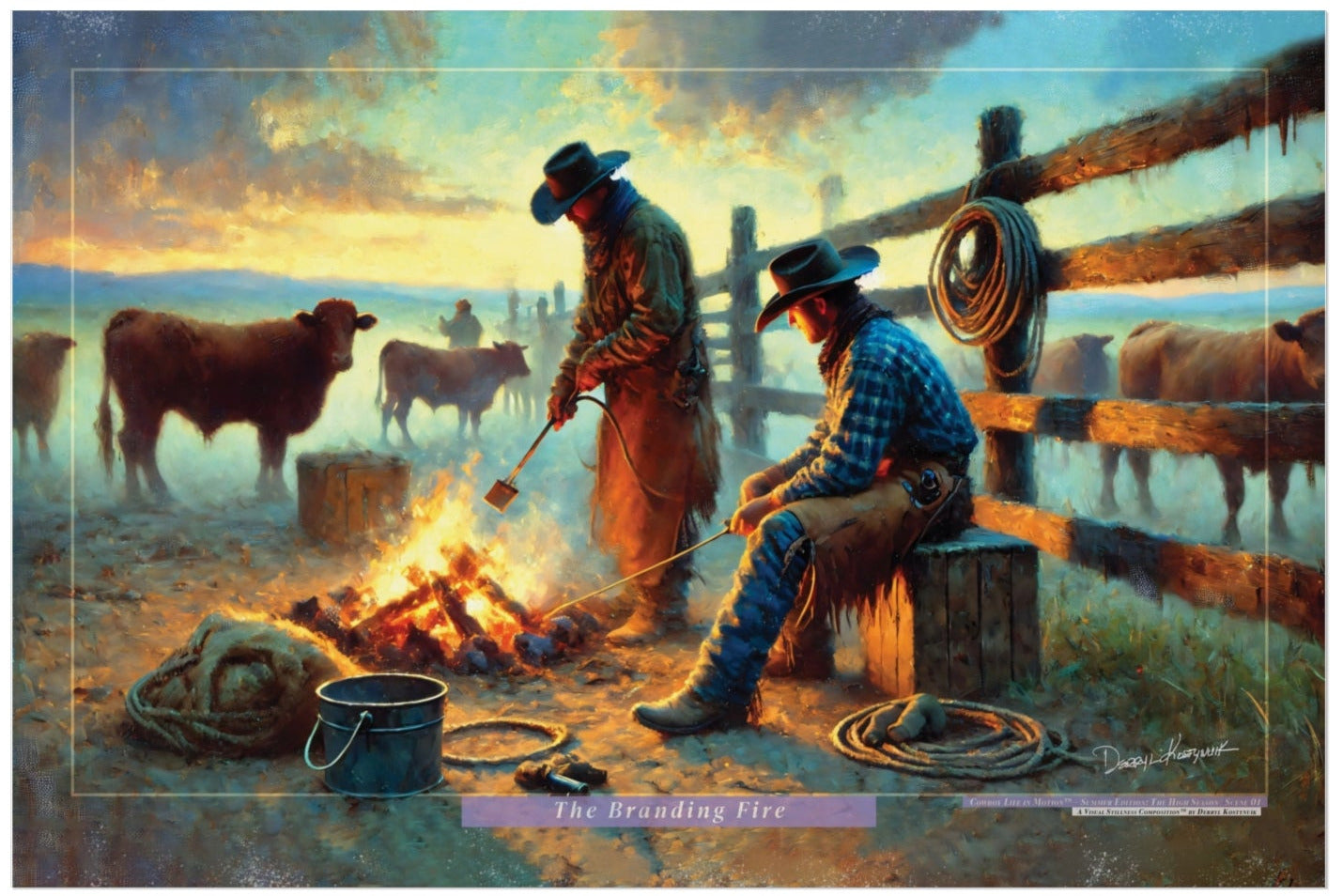 Painting of two cowboys by a branding campfire with cattle in the background