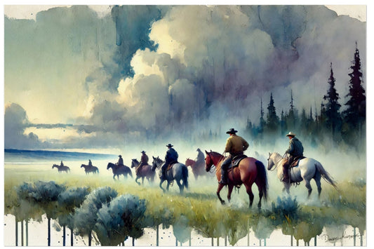 Painting of cowboys on horseback in a landscape with trees and clouds.