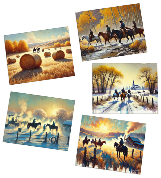 Five scenic greeting cards with horseback riders and autumn landscapes.
