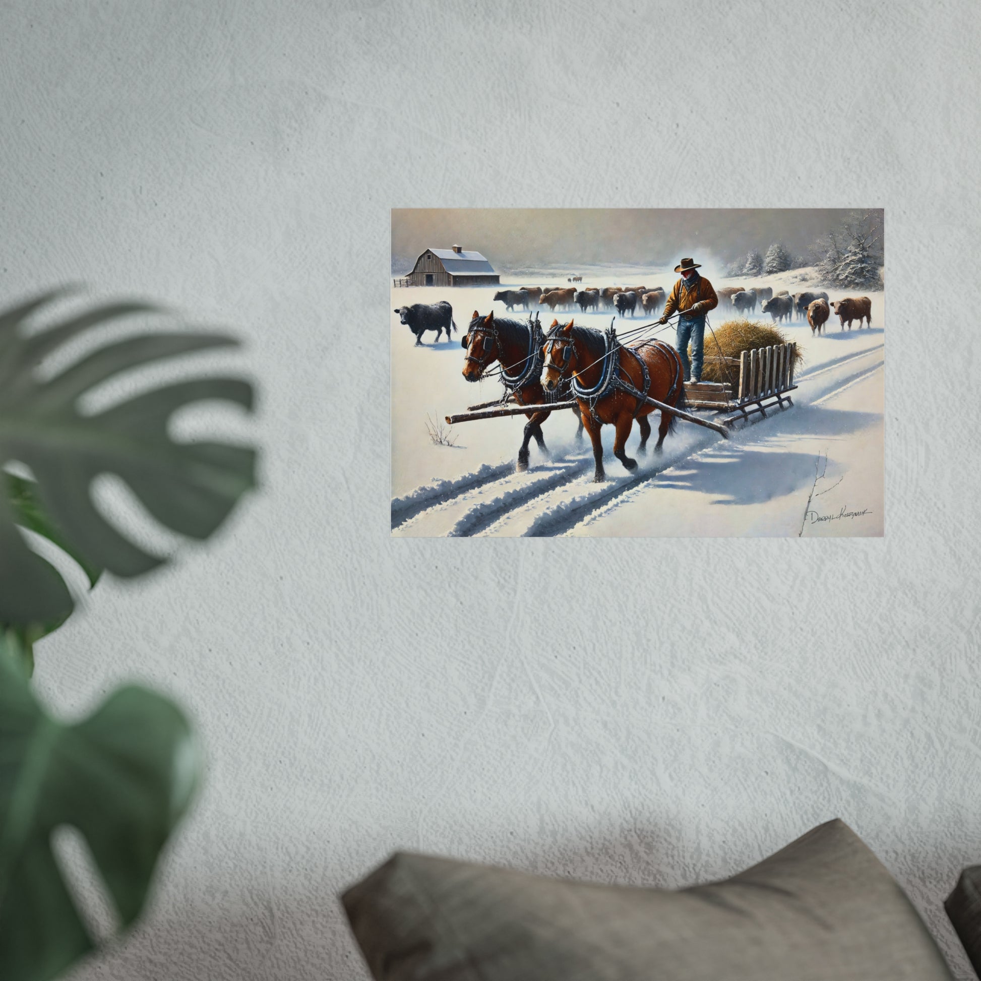 Framed painting of a winter scene with Cowboy, horses and a cart on a snowy landscape.