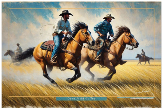 Painting of cowboys on horseback in a field with a blue sky.