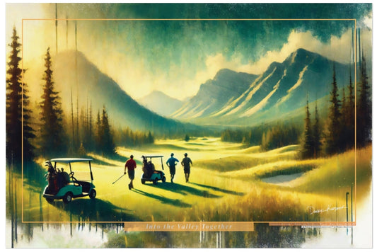 Golfers on a golf course with mountains and trees in the background