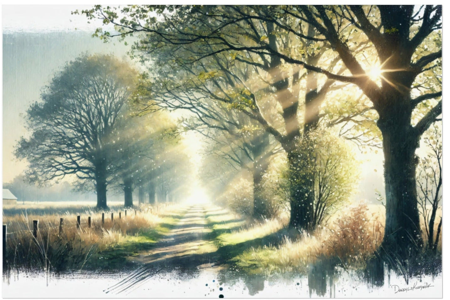 Lush green trees lining a path with sunlight filtering through, on a white background