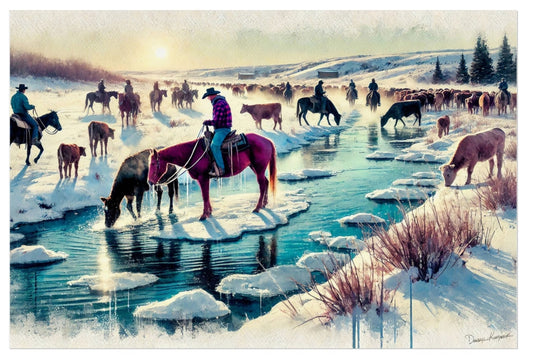 Time For A Drink – Open Edition Print: Cowboy Life in Motion – Winter: The Long Quiet