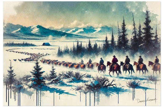 Painting of a snowy landscape with cowboys  on horseback and mountains in the background