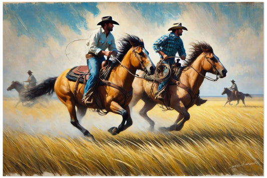 Painting of cowboys on horseback in a field with a blue sky.