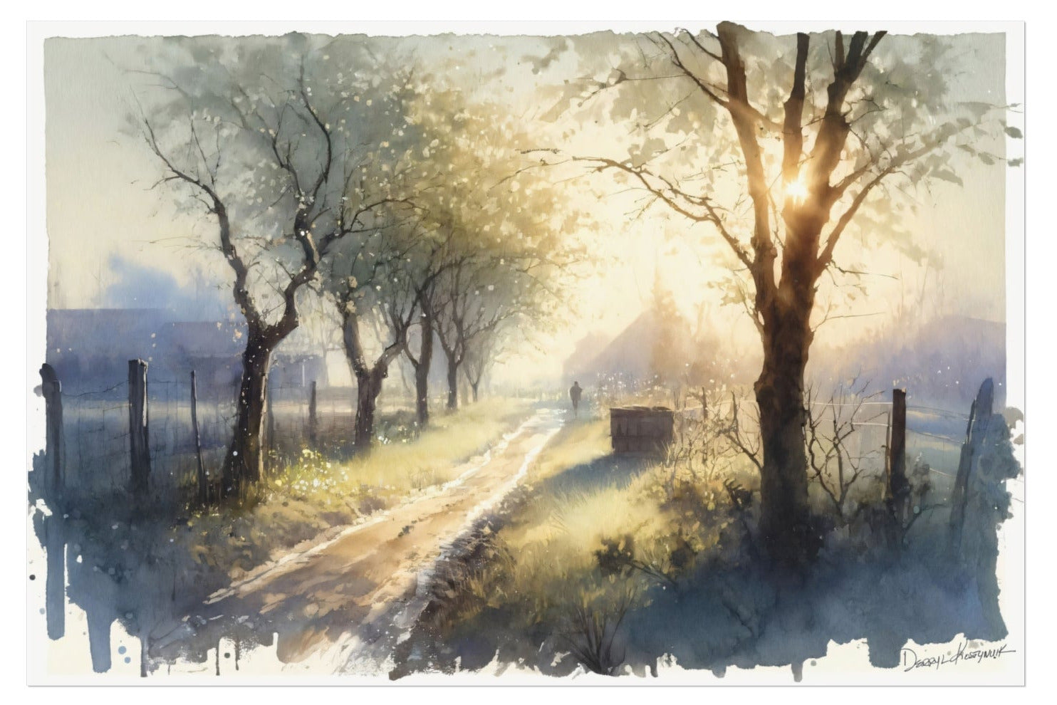 Sunlit rural path with trees and mist on a white background