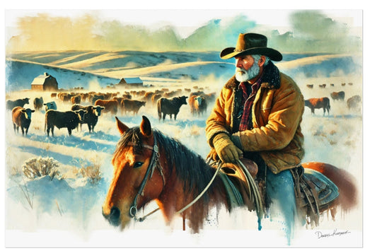 Painting of a cowboy on horseback with a snowy landscape and cows in the background