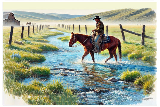Painting of a cowboy on horseback crossing a stream in a rural landscape.
