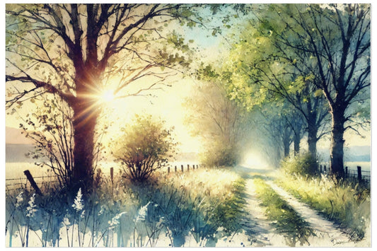 Sunlit path through trees with a serene landscape