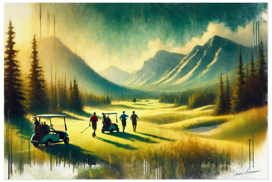 Golfers on a golf course with mountains and trees in the background