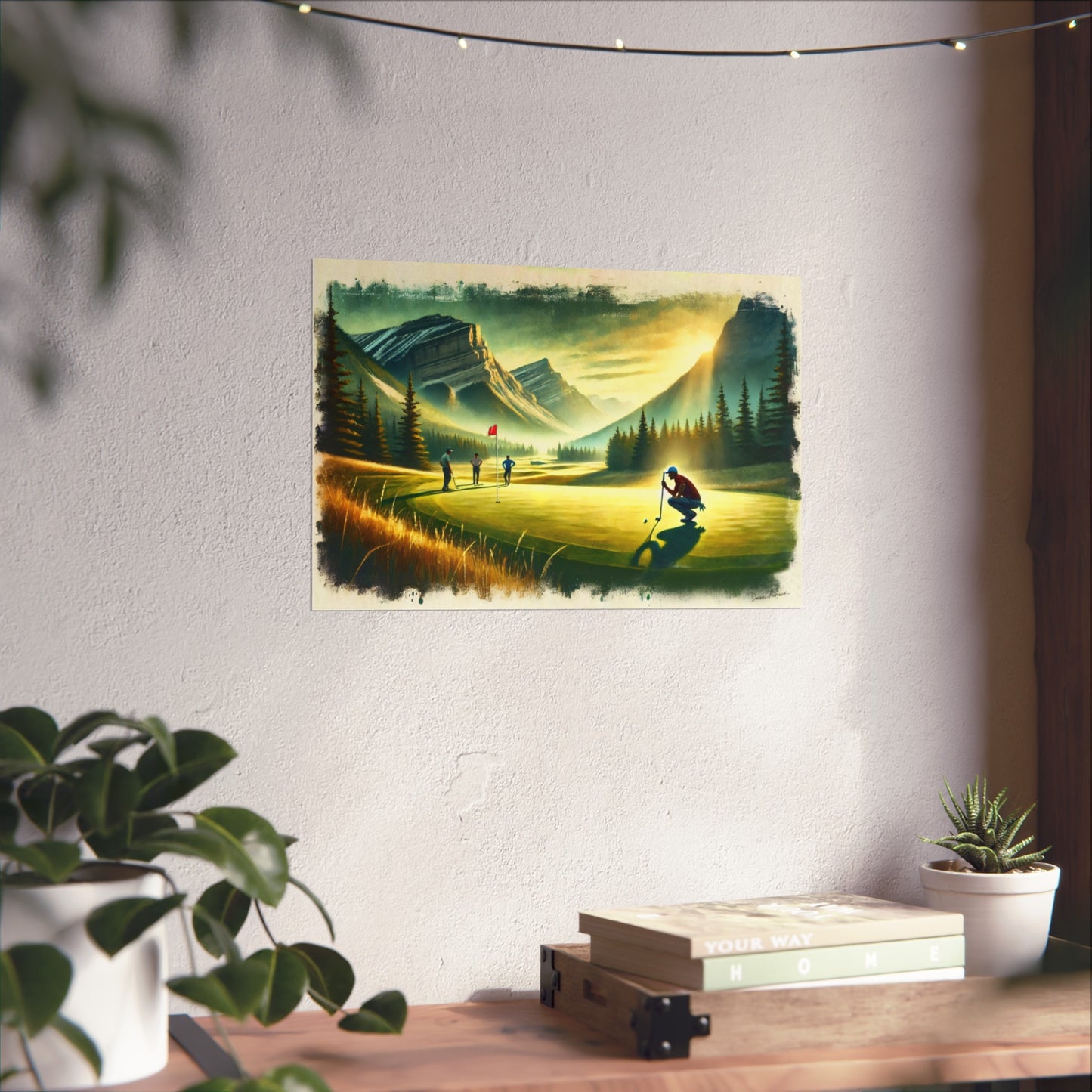 Fine art print of a mountain landscape with people on a wall above a desk with plants.