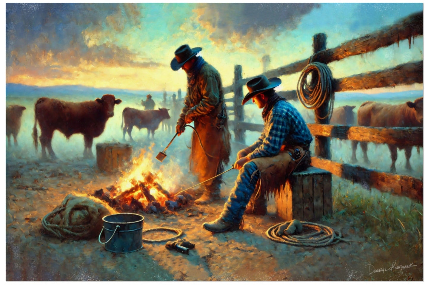 Painting of two cowboys by a campfire with cattle in the background
