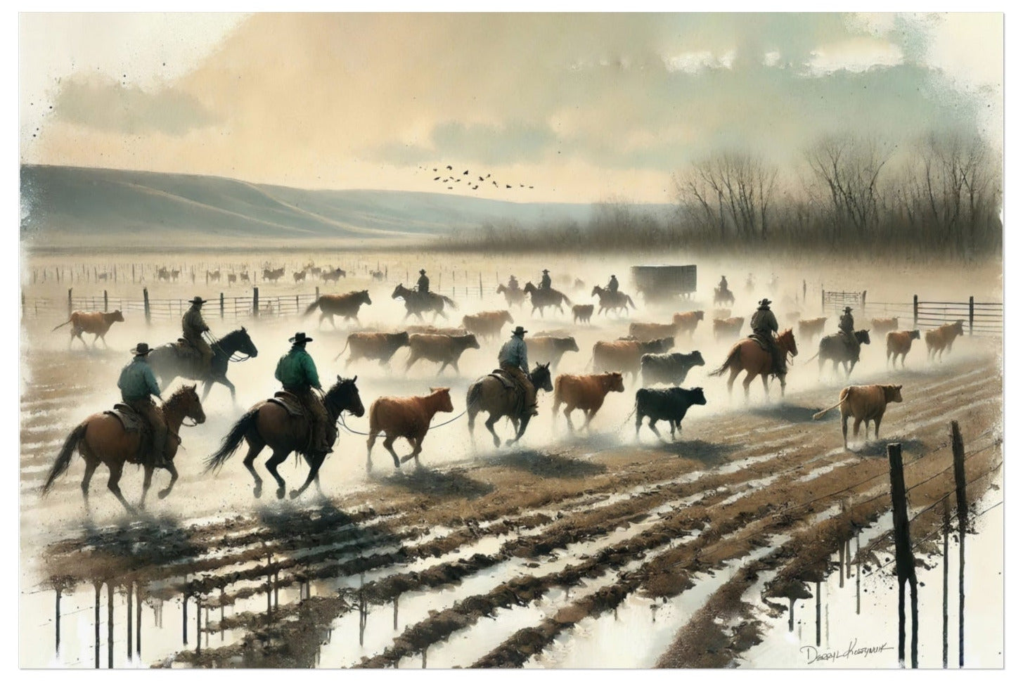 Painting of cowboys on horseback herding cattle through a snowy landscape.