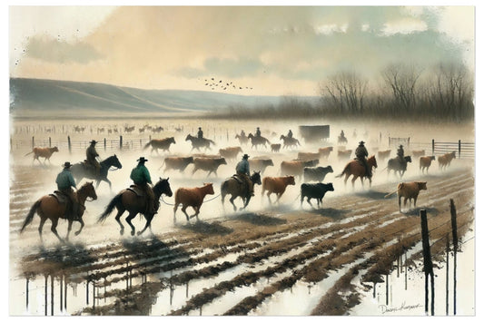 Painting of cowboys on horseback herding cattle through a snowy landscape.