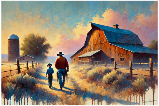 Painting of a cowboy and cowpoke walking towards a barn with a silo in the background.